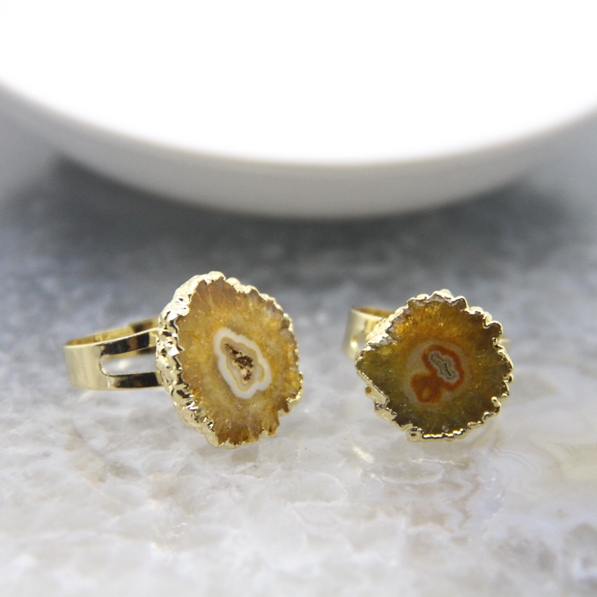 Natural Druzy Solar Quartz Adjustable Golded Women Finger Ring 5 Colors Sun Flower Reiki Heal Drusy Crystal Geode Rings Jewelry
