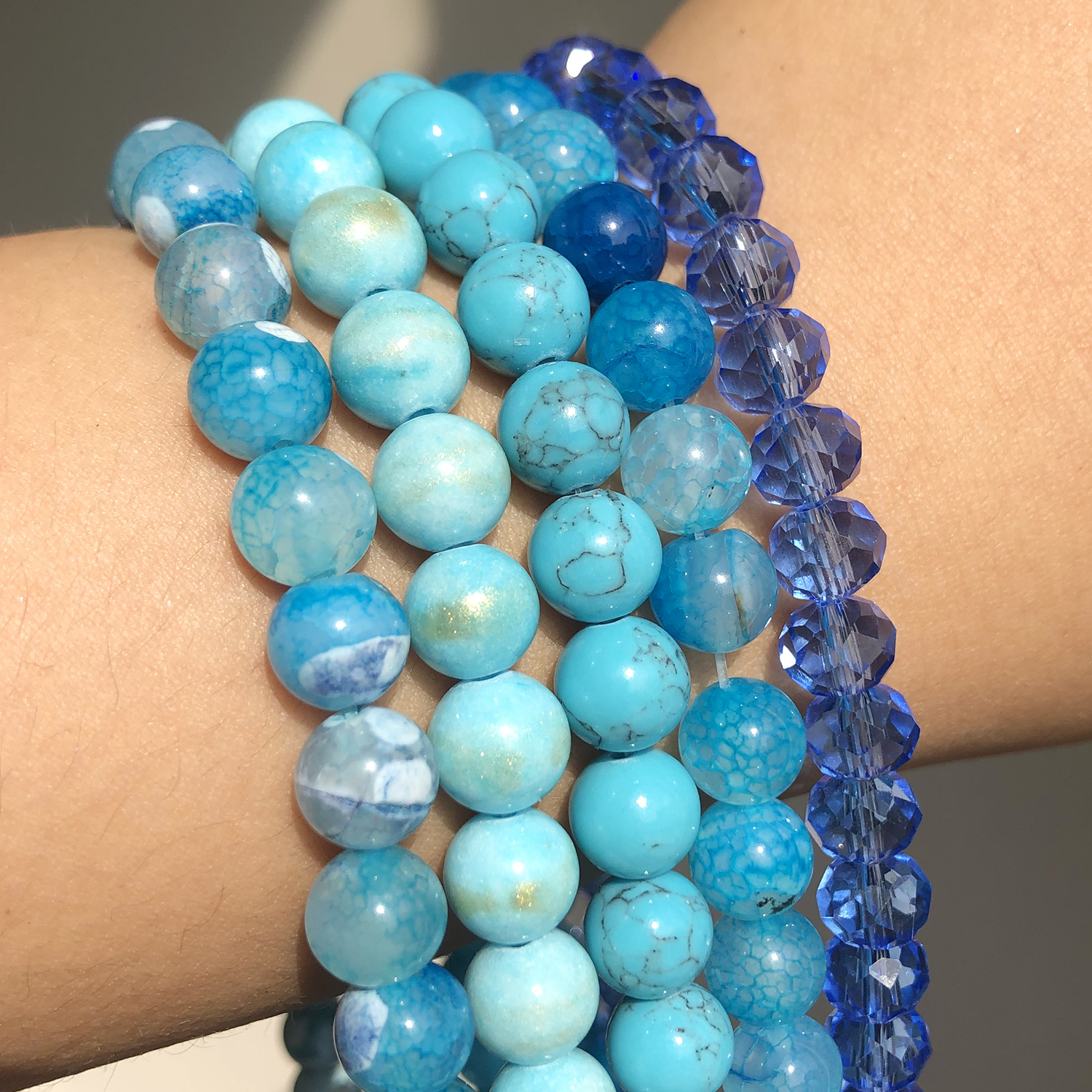 Natural Round Beads Blue Agates Jades Turquoises Rondelle Crystal Loose Stone Beads for Jewelry Making Bulk DIY Bracelet 15''