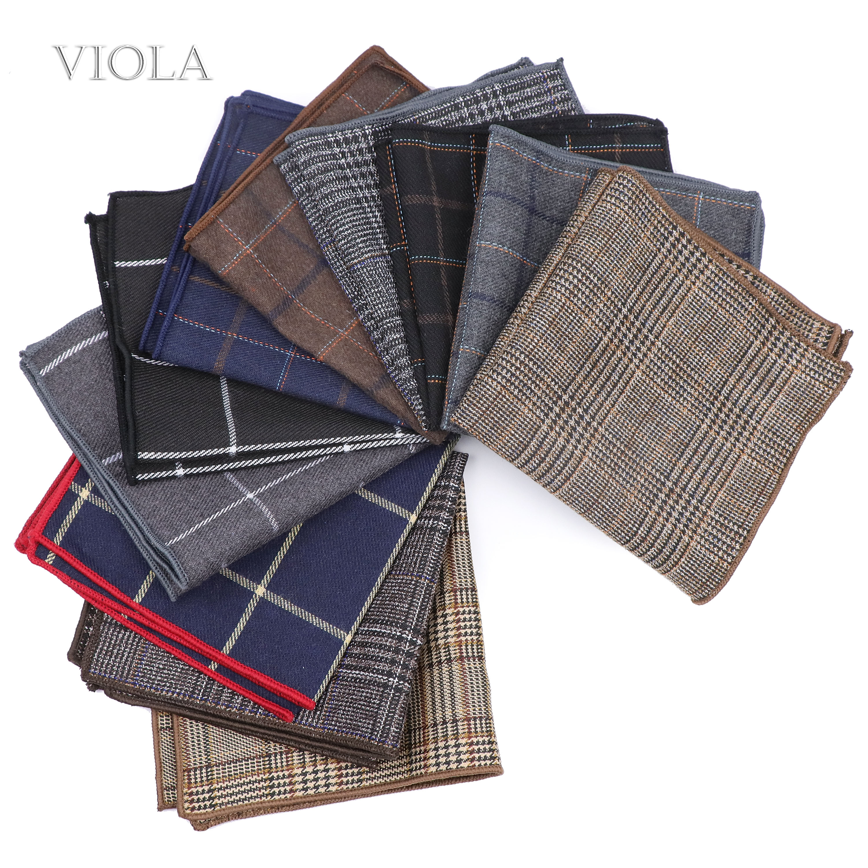 Classic Plaid Striped Wool Tie Matching Pocket Square 24cm Men Brown Suit Hanky Party Daily Handkerchief Tuxedo Gift Accessory