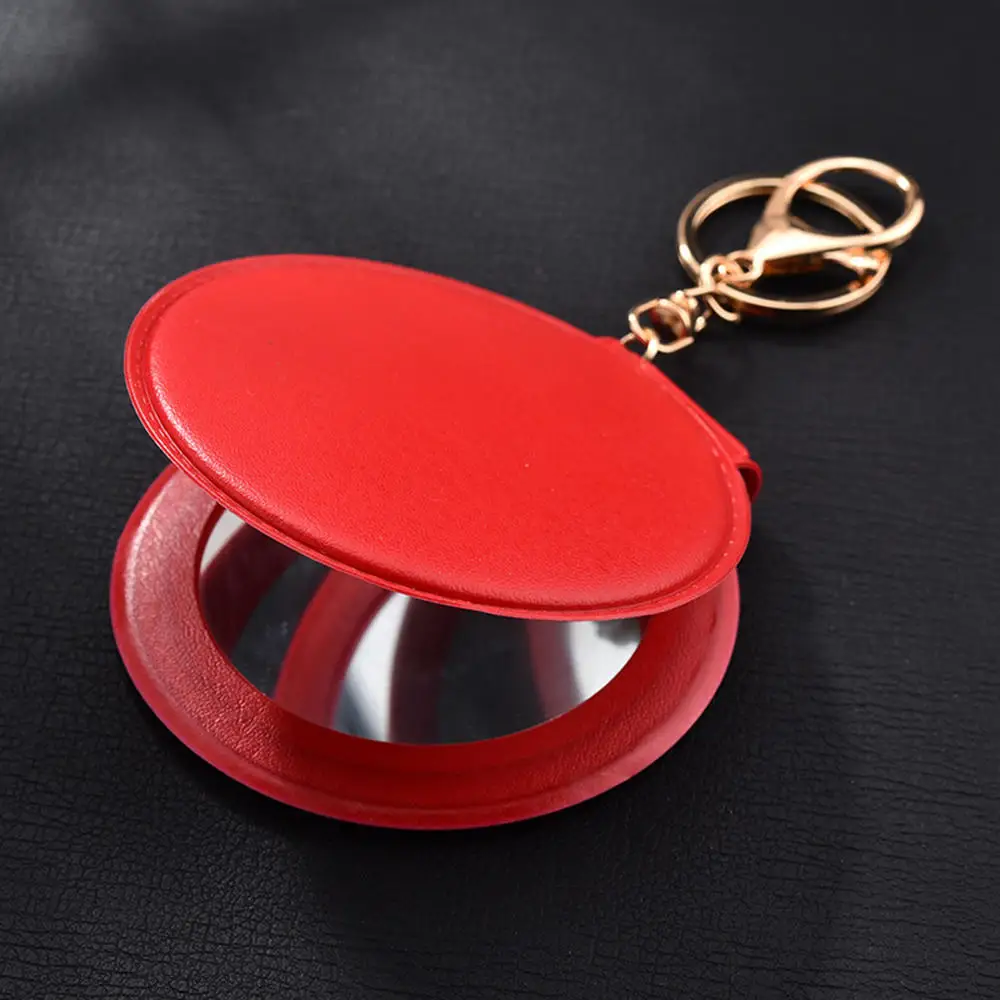 Makeup Mirror Pu Small Round Keychain Double-Sided Folding Mirror Furry Ball Mirror Pendant Gifts Travel Accessories