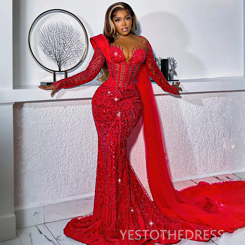 2024 Plus Size Red Prom Dresses for Special Occasions Promdress Illusion Beaded Sequined Lace Birthday Party Dress Second Reception Gowns for Black Wo