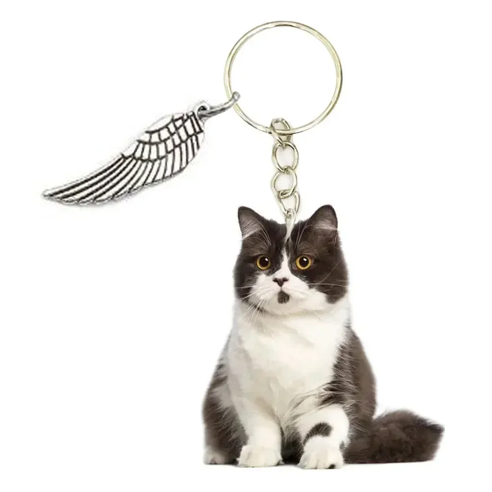 English Blue Cat Acrylic Keyring Clean Animal Cats Phone Charm 2D Keychain Men Key Chain Ring with Wing Gift for Women Girl Toy