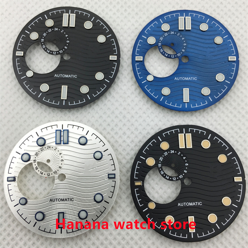 BLIGER 30.8mm blue black white water ripple luminous green hollow dial suitable for NH39 movement watch accessories