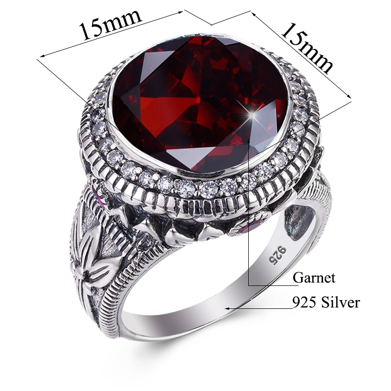 Szjinao Top Quality 15*15mm Massive Round Garnet Rings For Man Birthday Anniversary Party Gift Luxury Trend Silver 925 Jewelry