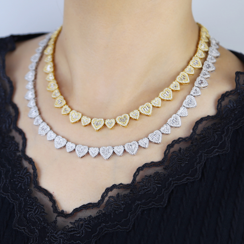 5A CZ Two Hearts Jewelry Set: Iced Out Bg Necklace Bracelet for Women 4e9b