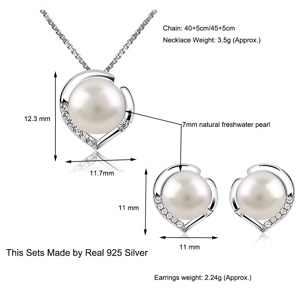 Pure 925 Sterling Silver Necklace+Earrings Set With 7mm Natural Freshwater Pearl Elegant Eternal Jewelry for Wedding