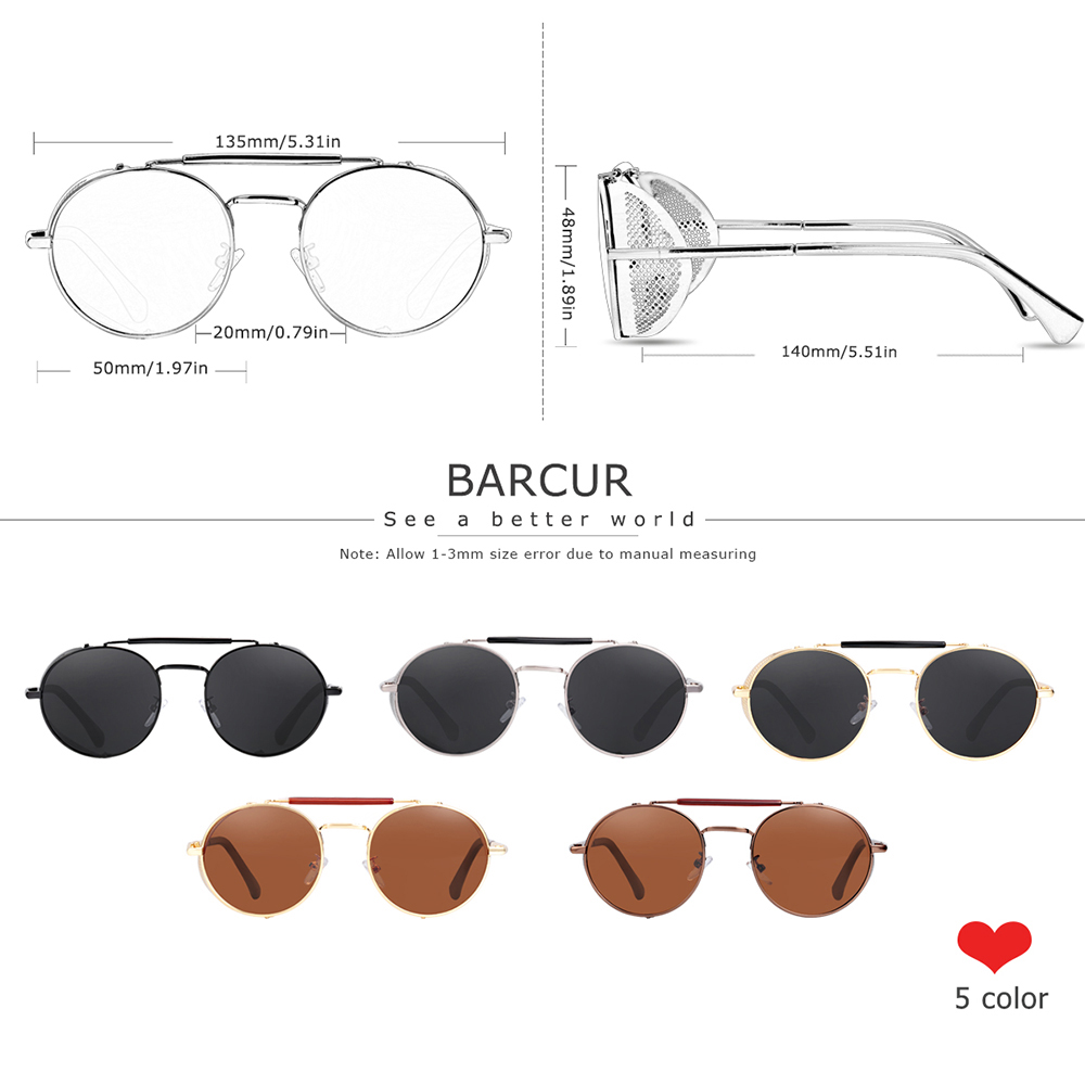 BARCUR Vintage Retro Round Polarized Steampunk Sunglasses Men Sun Glasses For Women Style UV400 Protection