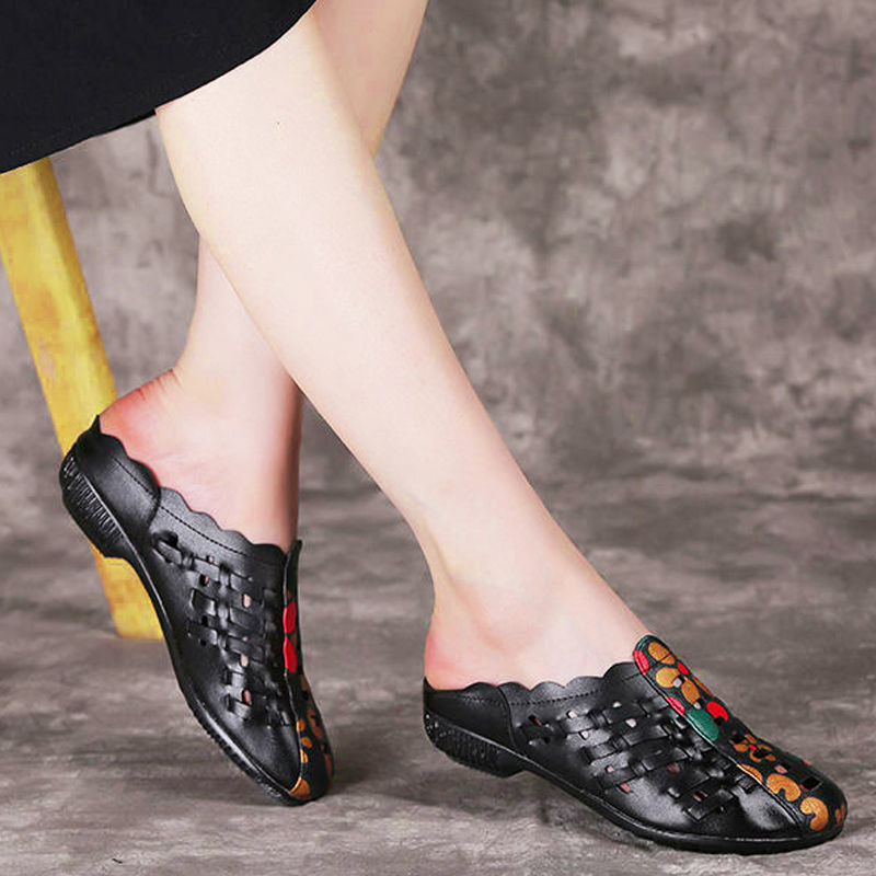FHC Mum's Soft Leather Slippers,Women Summer Shoes Mules,Close Toe Slides,Low Heels,Comfortable for Wearing,Black,Red,Dropship