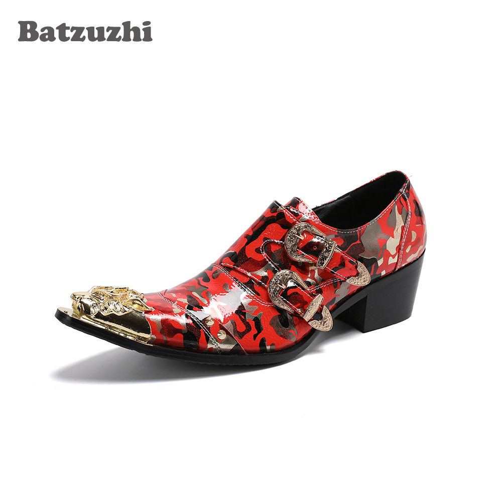 Batzuzhi 6.5cm High Heel Men's Shoes Buckles Rock Formal Leather Shoes Men Red Wedding Party Shoes Male, Big Sizes EUR38-46