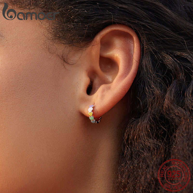 Bamoer 925 Sterling Silver Rainbow Series Heart to Heart Ring & Earrings Jewelry Set for Women Fine Jewelry Gift