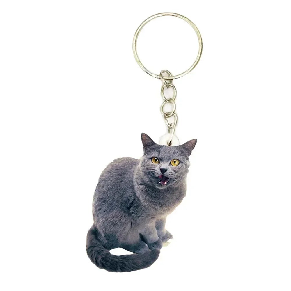 English Blue Cat Acrylic Keyring Clean Animal Cats Phone Charm 2D Keychain Men Key Chain Ring with Wing Gift for Women Girl Toy
