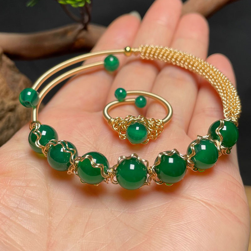 Natural Stone Bangles Cuff Copper Bracelets for Women 14K Copper Plating Gold-Color Wire Wrap Agate Bracelet Exquisite Jewelry