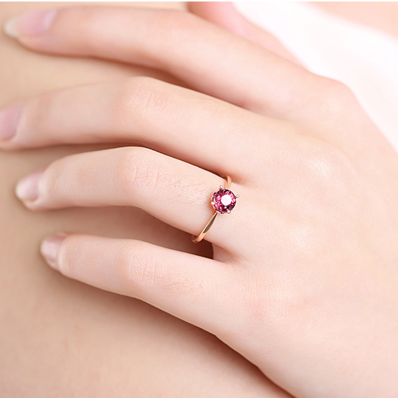 925 Sterling Silver Rose gold Single diamond inlaid round candy light luxury six-claw elegant pomegranate ruby women's ring