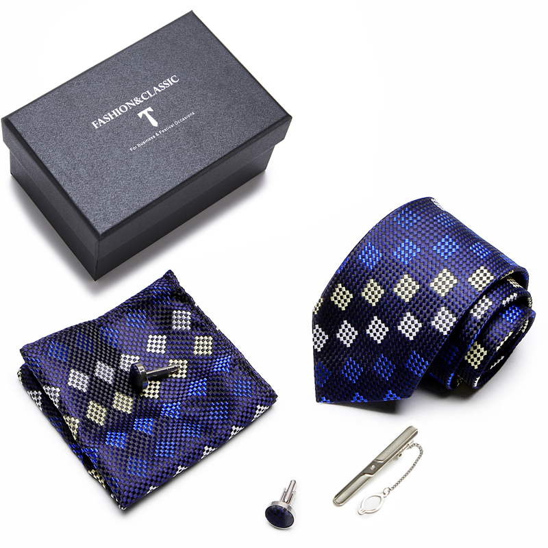 Brand Luxury Silk Tie Handkerchief Pocket Squares Cufflink Set Tie Clip Necktie Box Clothing accessories Beige
