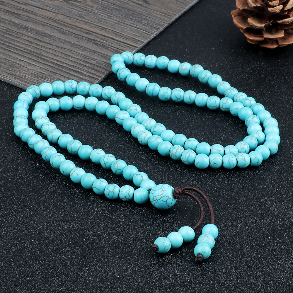 Men Beaded Necklace & Bracelet 108 Beads Tibetan Buddha Wrap Bracelets Women Handmade Blue Synthetic Turquoises Prayer Jewelry