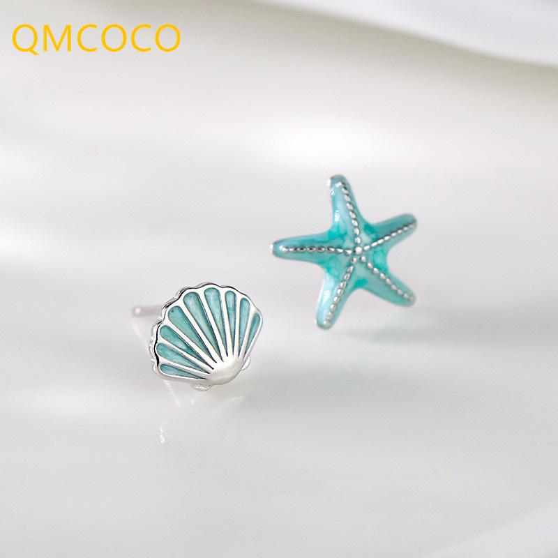 QMCOCO Minimalistic Silver Color Blue And Pink Shell Starfish Stud Earrings For Women Delicate Exquisite Asymmetric Earrings