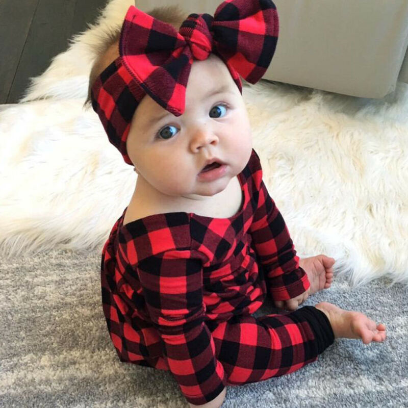 Christmas Newborn Baby Girls Plaid Romper Bodysuit Jumpsuit Headband Outfits Clothes 2021 New Fashion