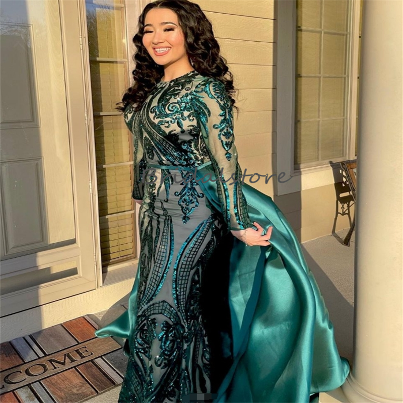Vintage Emerald Green Evening Dresses With Detachable Train Plus Size Elegant Sequin Dubai Abayas Muslim Prom Dress Formal Party Middle East Vestio De