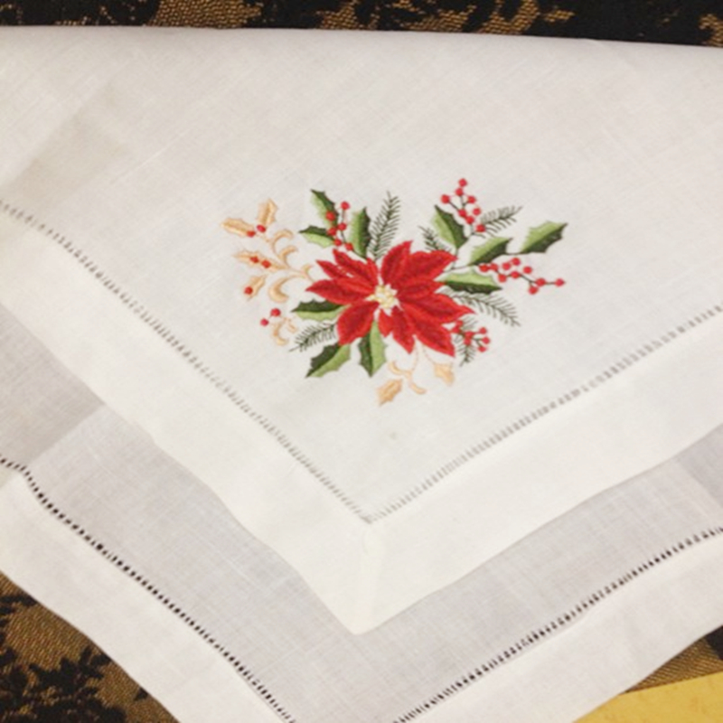 Set of 12 Handkerchiefs Dinner Napkins Table Napkin Hemstitched Border Embroidered Floral White Linen Fabric Cloth 18x18"/20x20"