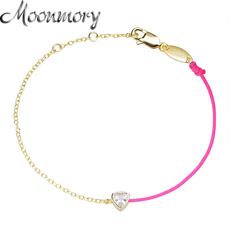 Moonmory 100% 925 Sterling Silver Pink Blue String Heart Crystal Bracelet For Women Half Golden Chain Half Rope Jewelry 0.8mm