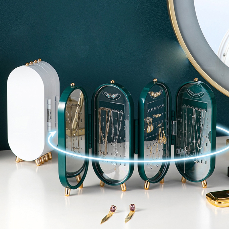 Plastic Large Jewelry Box Organizer 4 Fan Storage Case Necklace Earrings Ring Mirror Display Desktop Jewel Holder