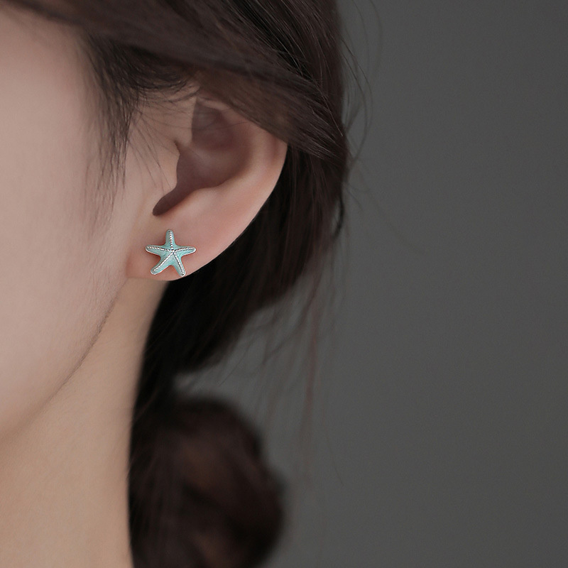 QMCOCO Minimalistic Silver Color Blue And Pink Shell Starfish Stud Earrings For Women Delicate Exquisite Asymmetric Earrings