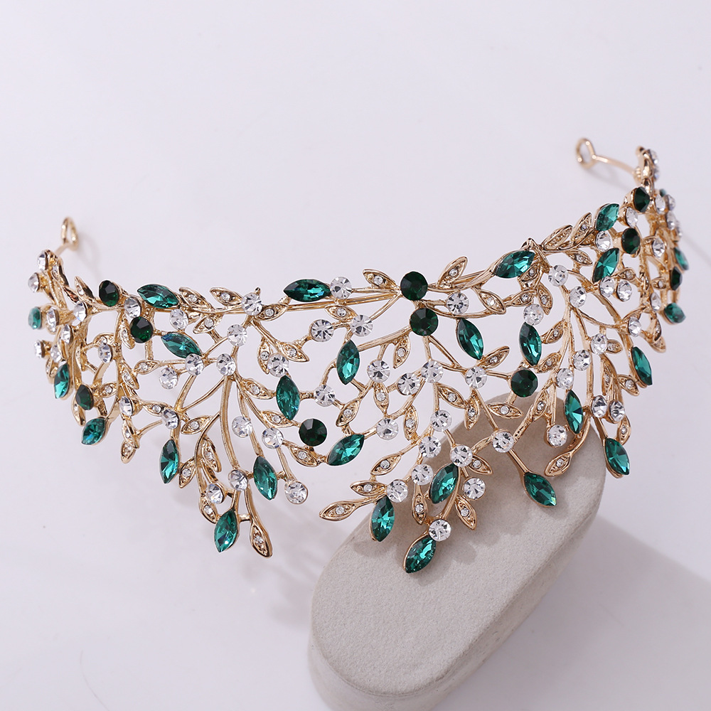 Baroque Retro Gold Color Green Crystal Leaf Bridal Tiara Crown Rhinestone Pageant Diadem Bride Headband Wedding Hair Accessories