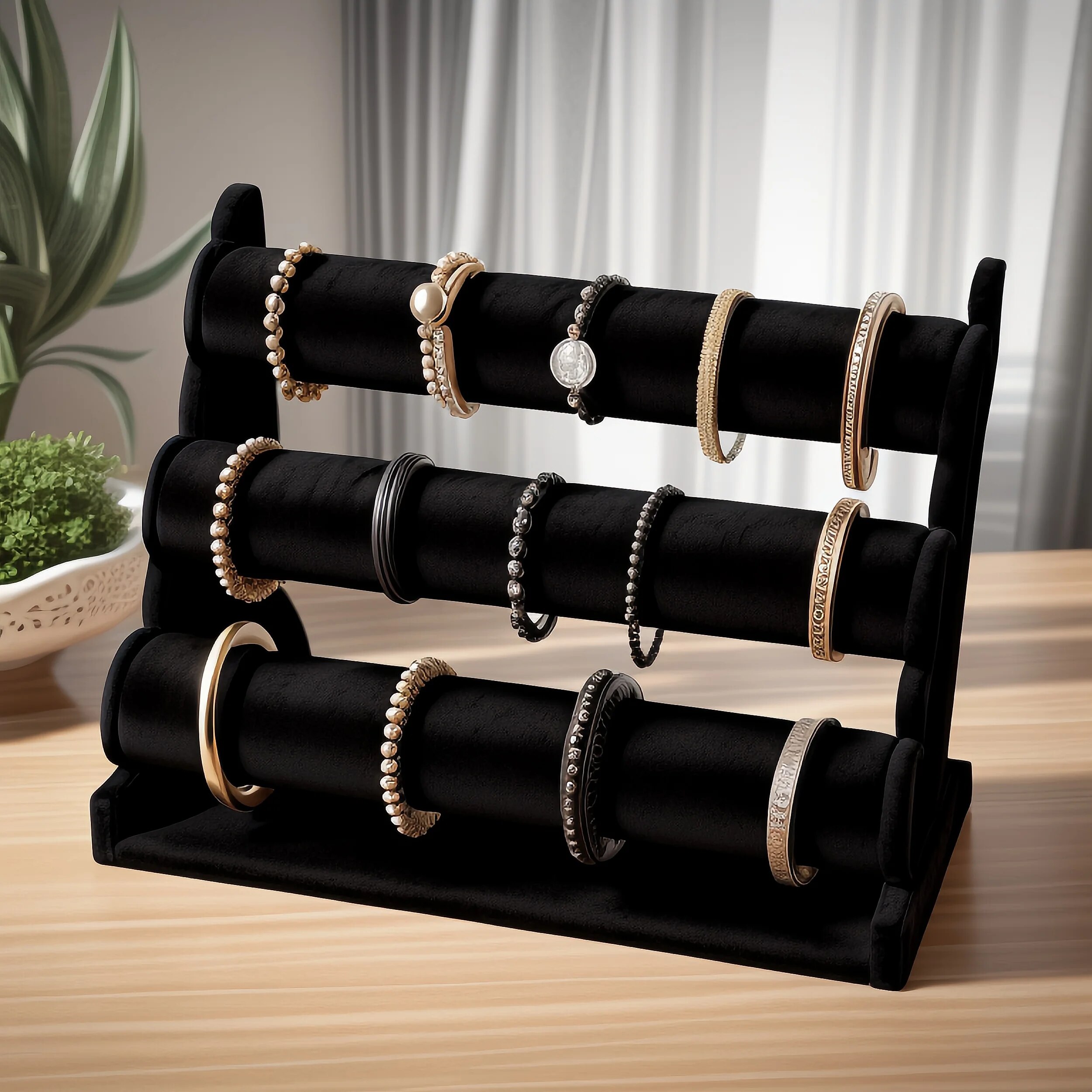 3Tier Velvet Jewelry Bracelet Watch Bangle Display Holder Stand Showcase T-bar Storage Necklace Bangle Organizer Stand Holder