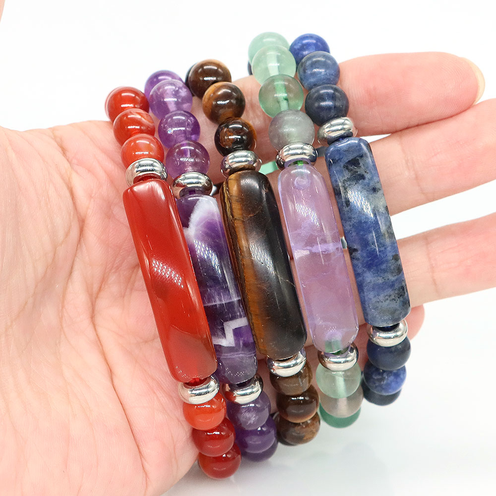 Rectangle Bar Charm Round Bead Bracelets Natural Stone Amethyst Agate Jade Healing Crystal Energy Cure Yoga Relief Bangle Gift