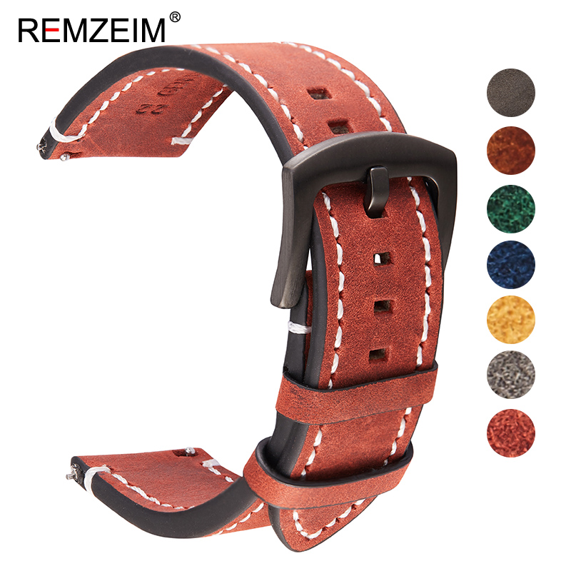 REMZEIM Crazy Horse Calfskin Leather Watch Band 18mm 20mm 22mm 24mm Straps Watchbands Dark Brown Gray Black Blue Green Belt