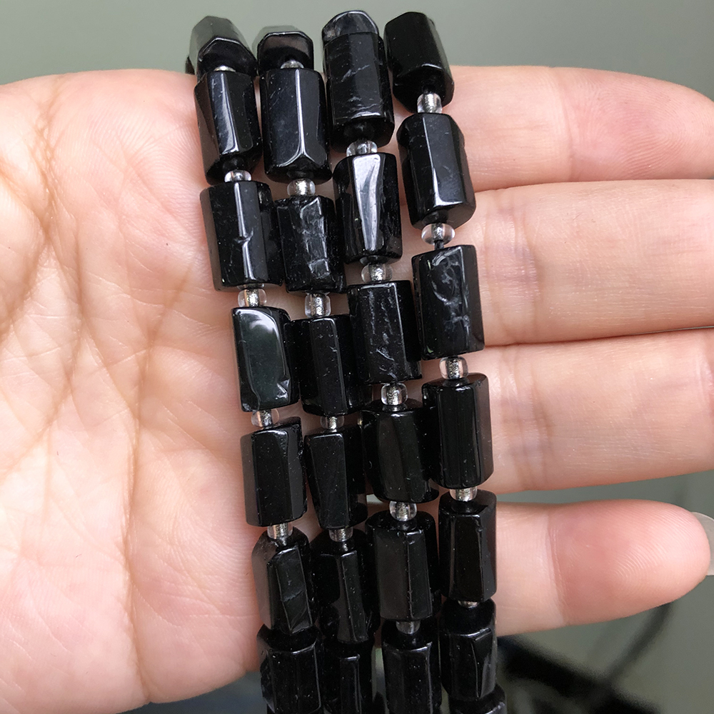 Natural Faceted Black Tourmaline Gem Stone Beads Cylinder Loose Spacer Bead For Jewelry Making DIY Bracelet Necklace Accessories