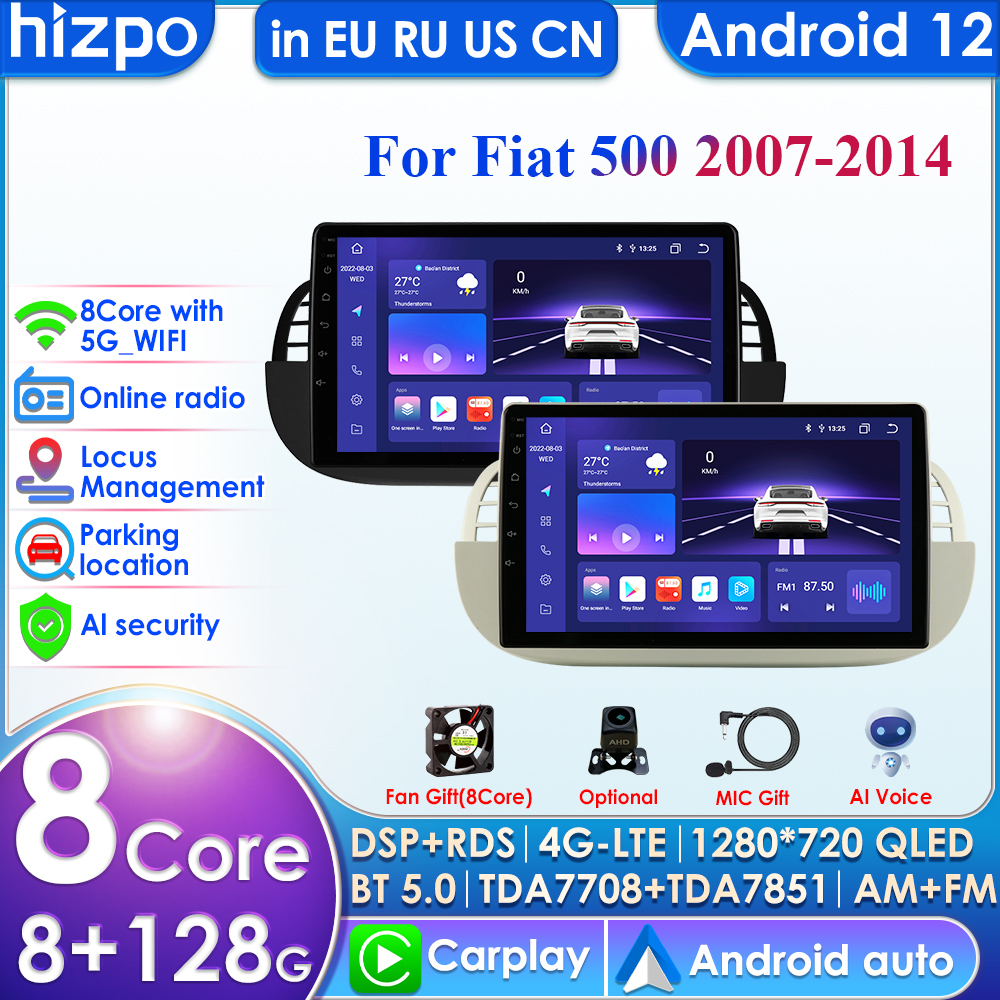 9'' DSP AI Android 12 Car Radio Multimedia Video Player For FIAT 500 Abarth 2007-2015 GPS Navi Autoradio Carplay 4G RDS DAB WIFI