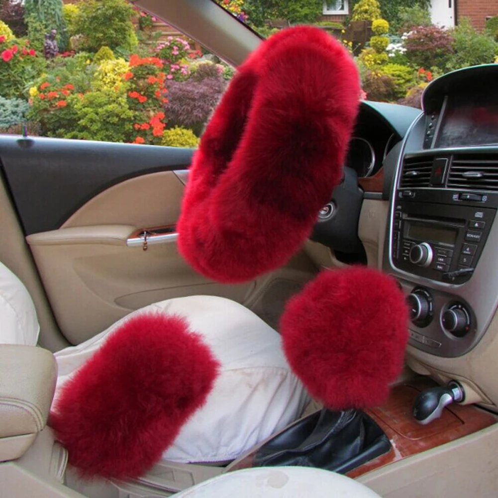 3pcs 38cm Soft Winter Long Plush Warm Car Steering Wheel Cover Furry Handle Sleeves Woolen Handbrake Auto Accessories Black