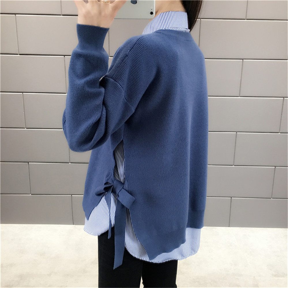 Pullover Women Solid Spring Lace Up Stylish Side-slit Korean Style Leisure Plus Size 3XL Loose Womens Sweaters All-match Tops