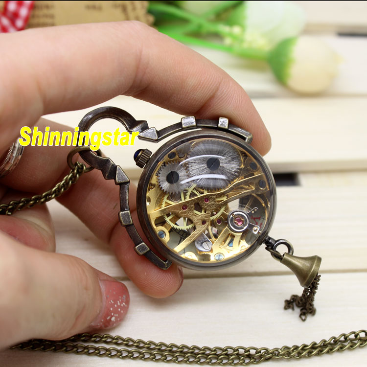 Luxury Transparent Ball Mechanical Pocket Watch Necklace Roman Numerals Dial High Quality Pendant Fob Chain Clock for Men Women