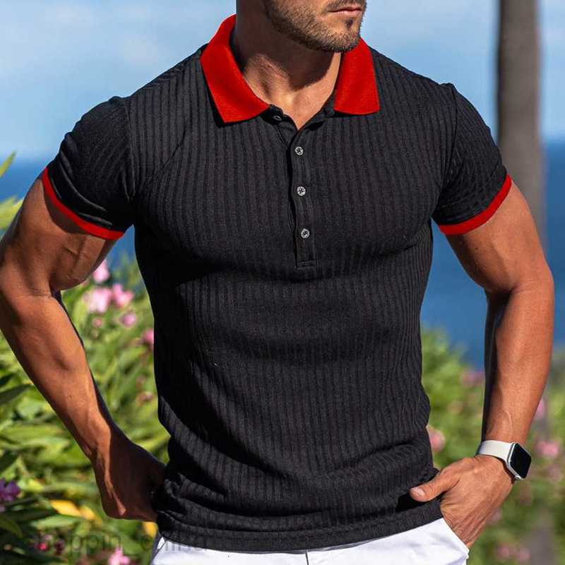 Men Polos Shirts New Men's Slim Fit Colored Collar Casual Vertical Stripe Short Sleeve Youth Male Wear tops
