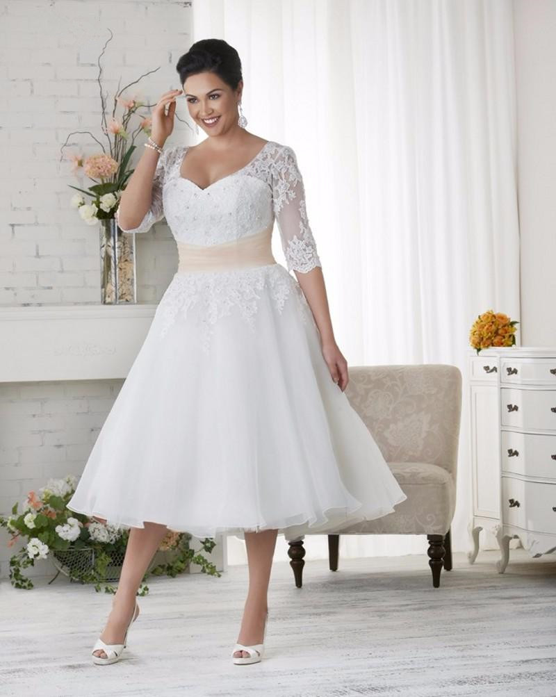 Tea Length Plus Size Wedding Dresses 2022 Half Sleeves Appliques Lace Beaded Women Bridal Gown Custom Made Vestido De Noiva