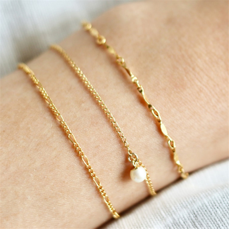 14K Gold Filled Chain Bracelet Handmade Pearl Jewelry Boho Charms Bracelets Vintage Anklets for Women Bridesmaid Gift Jewelry