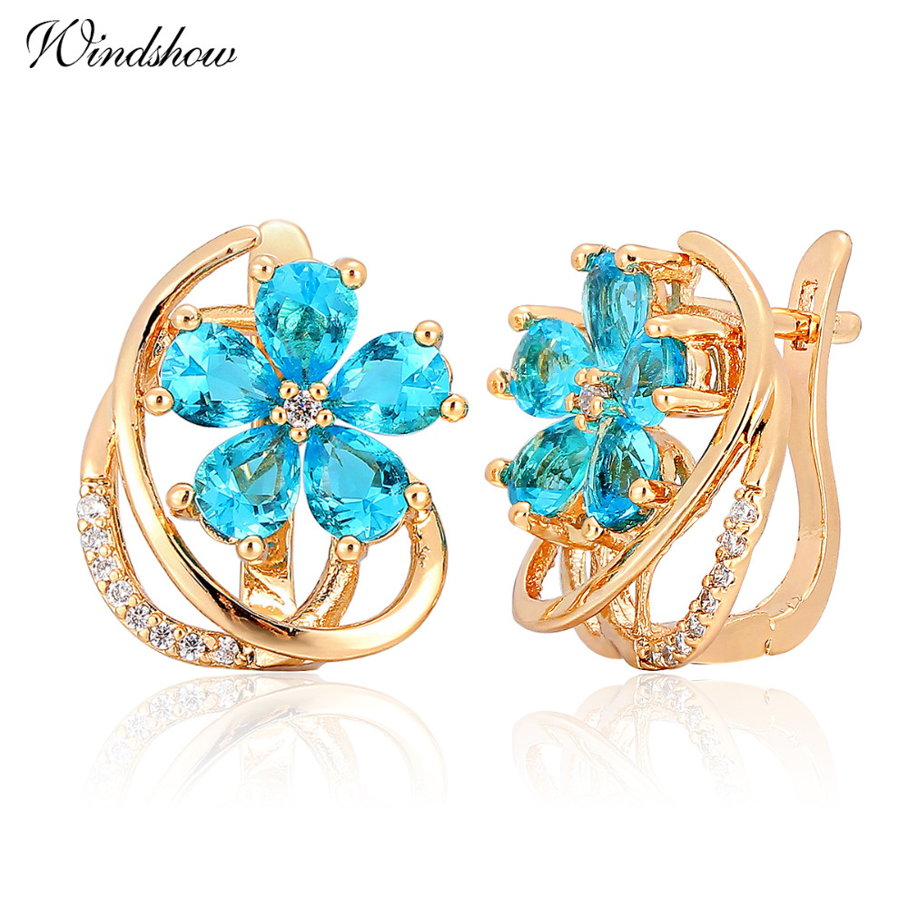 New Five Petal Flower Paved Pear Light Blue Crystals Yellow Gold Color D Huggie Hoop Earrings for Women Jewelry Pendientes Aros
