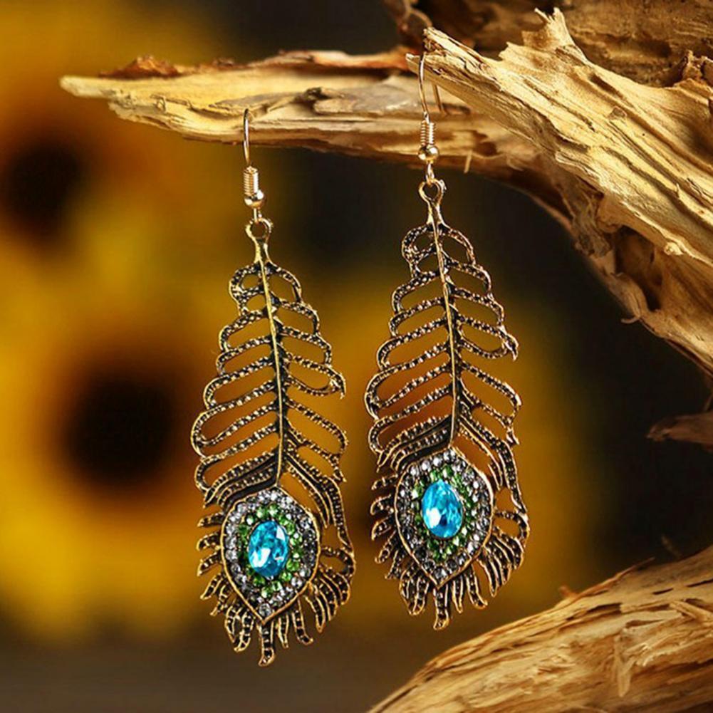 Earrings Peacock Feather Rhinestone Vintage Ethnic Style Dangle Earrings for Gift Tassel Earrings Wedding Drop Earring Gifts