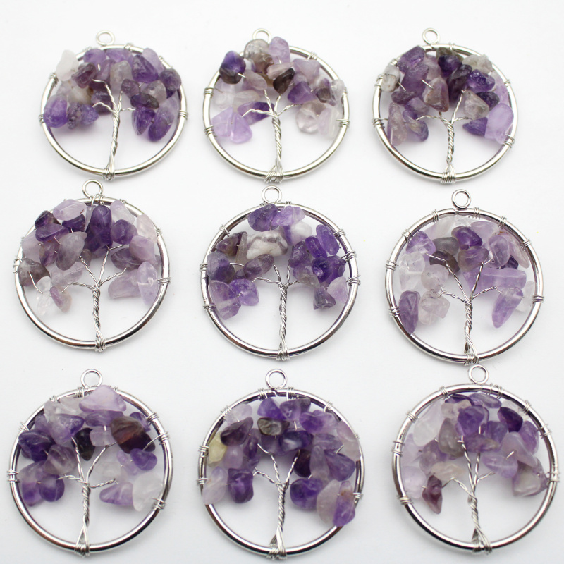 Wholesale Natural Stone Amethyst Lapis Lazuli 30mm Tree of Life Pendant 7 Chakra Reiki Pendant For Jewelry Making 10pcs Mix