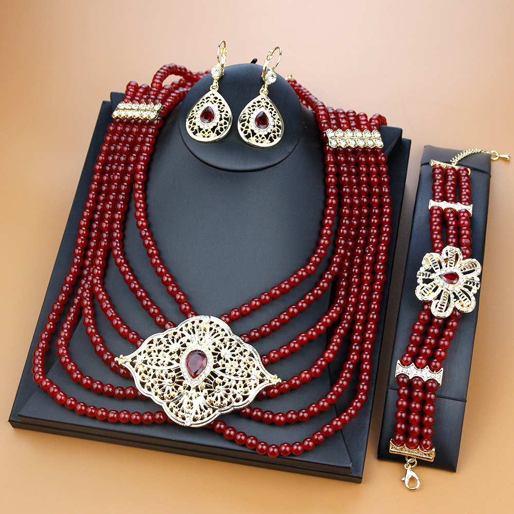Sunspicems Algeria Morocco Bead Pearl Jewelry Sets Bridal Wedding Long Necklace Bracelet Earring Gold Color Arabic Caftan Bijoux