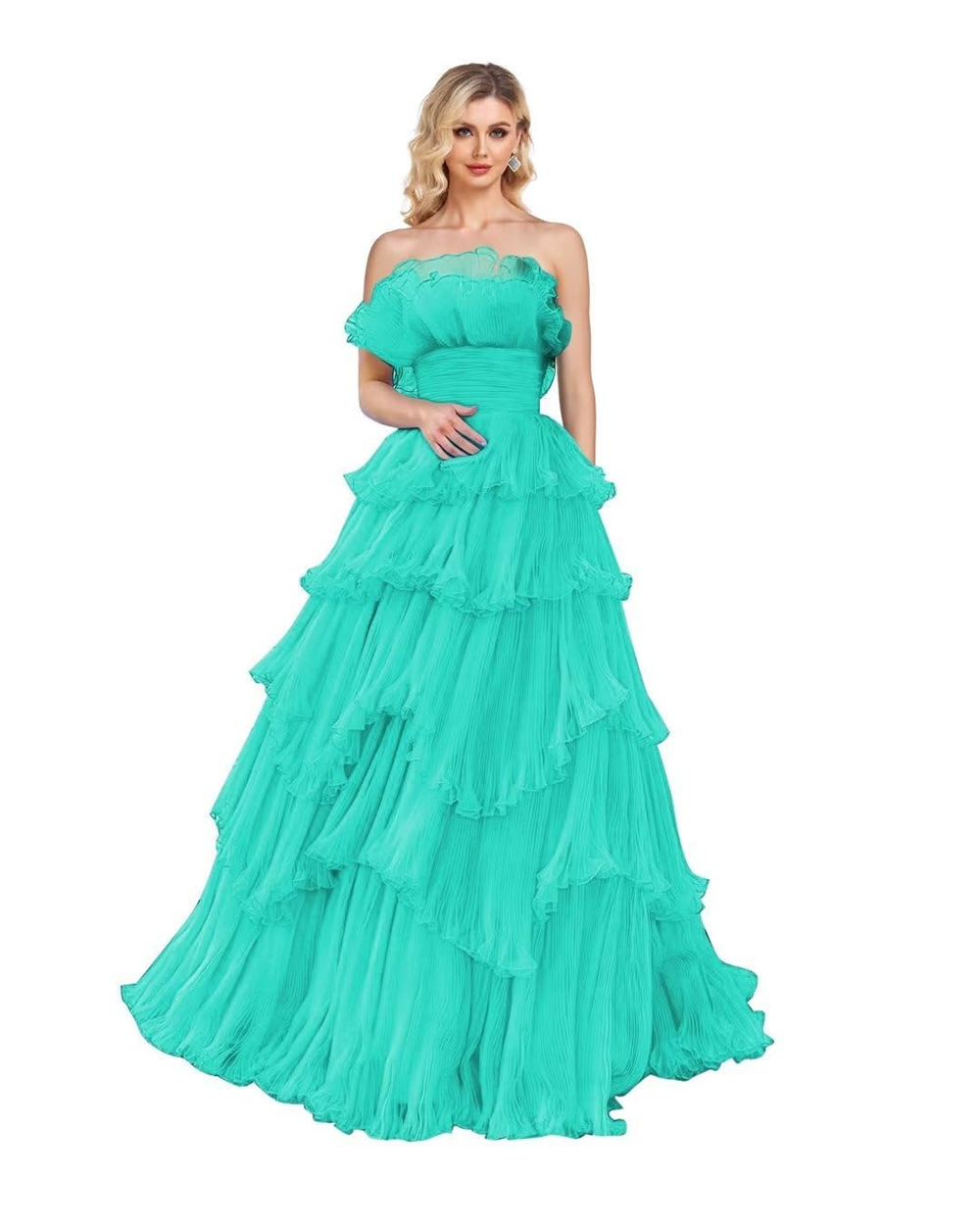 Long Prom Dresses Tiered Pleats Strapless Ball Gown Organza Lace-up Plus Size Formal Occasion Evening Party Gown Pd21