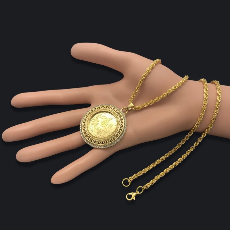 Turkish Totem Coin Pendant for Women, Ethnic Bridal Jewelry, Long Slip Chain, Gold Plated, Arabic, Muslim, Gift