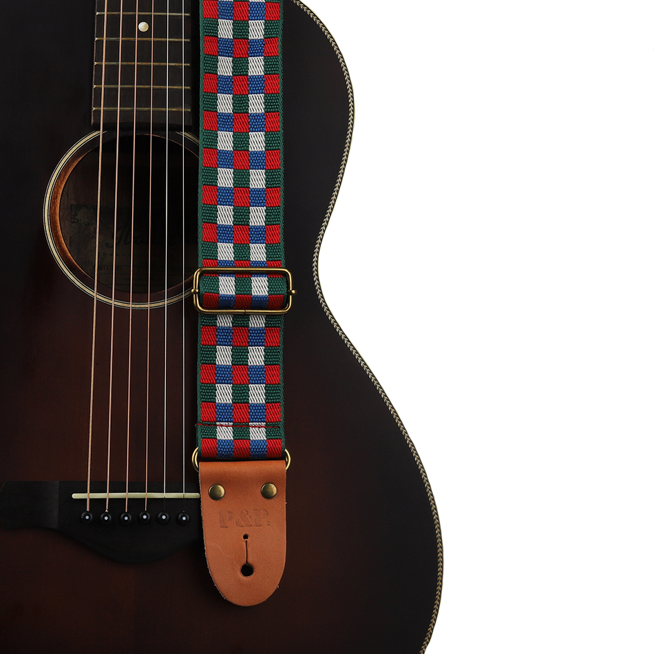 P&P Tartan Plaid Guitar Belt Strap Genuine Leather End for Acoustic Electric Folk Guitar Bass Strap