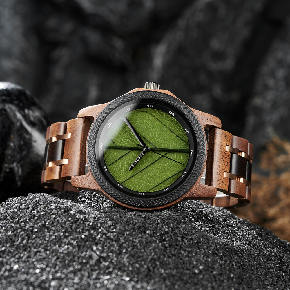 Mens Watches Unique Leaf Dial Design Quartz Wooden Wrist Watch for Men Support