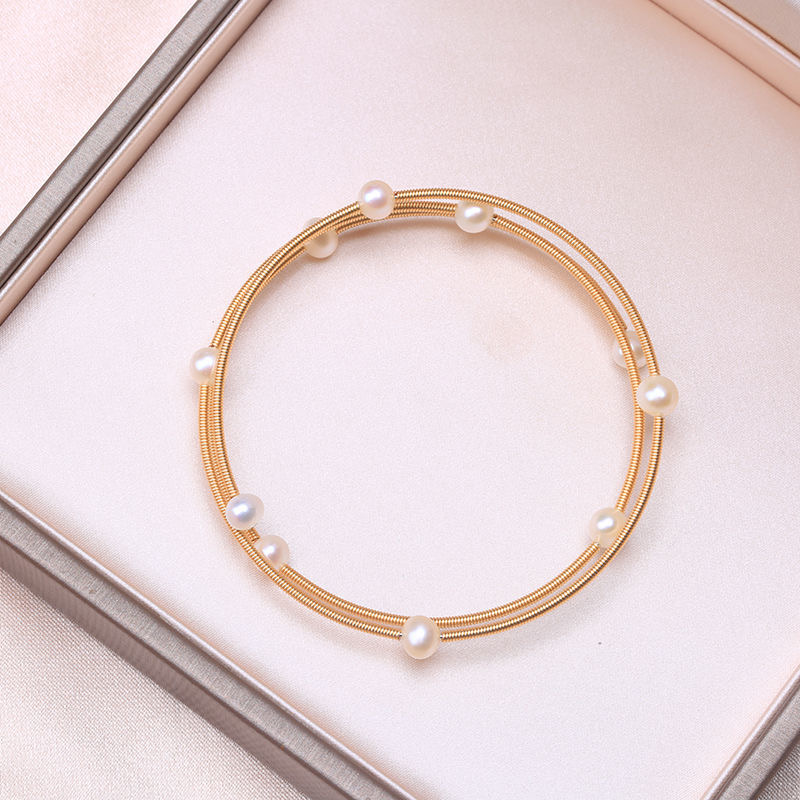 BaroqueOnly 14k gold-filled hand made white freshwater Pearl Wire Strings adjustable Bracelet Vintage Style Bangle delicate HAB