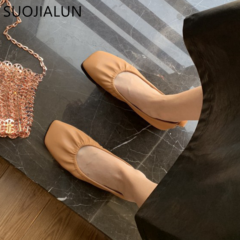 SUOJIALUN Autumn Women Flats Shoes Ballet Flat Slip On Casual Loafers High Quality Soft Women Square Toe Ballerina