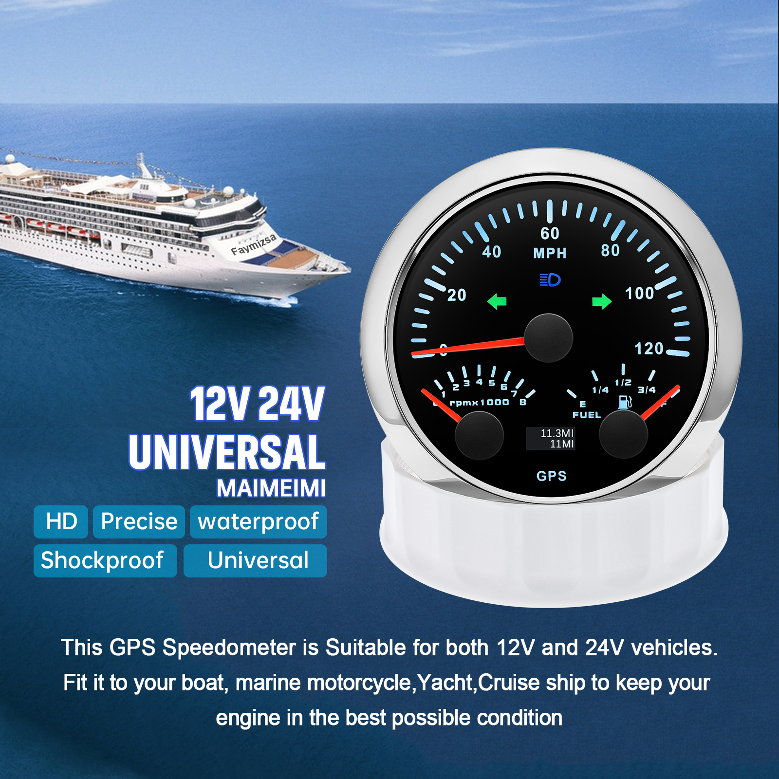 0~120 MPH GPS Speedometer+8000 RPM Tachometer+Fuel Level Gauge 7 Color Light 85mm Gauge with Turn Light for Boat Car 12V 24V