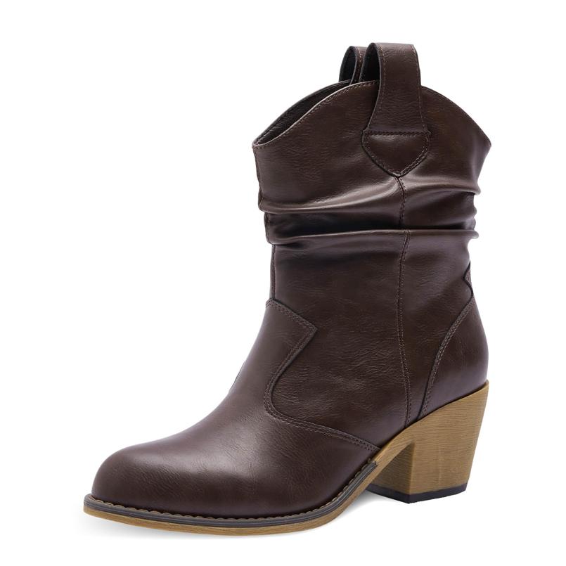 Women's Western Cowboy Boots, Faux Leather Cowgirl Boots with Stacked Heel for Teens and Ladies 4 1f1d2